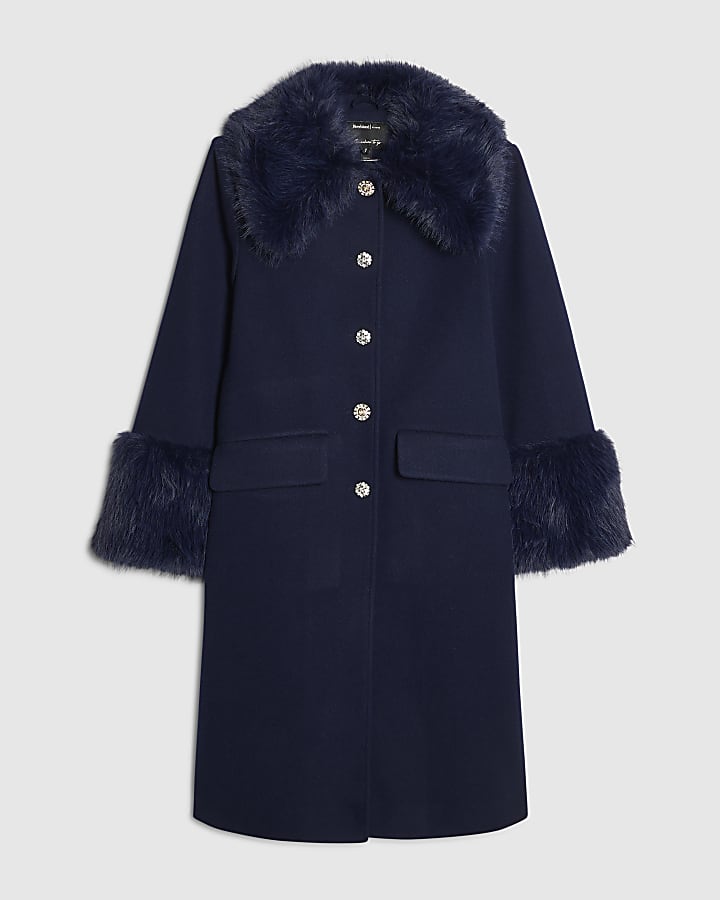 Navy Faux Fur Trim Coat