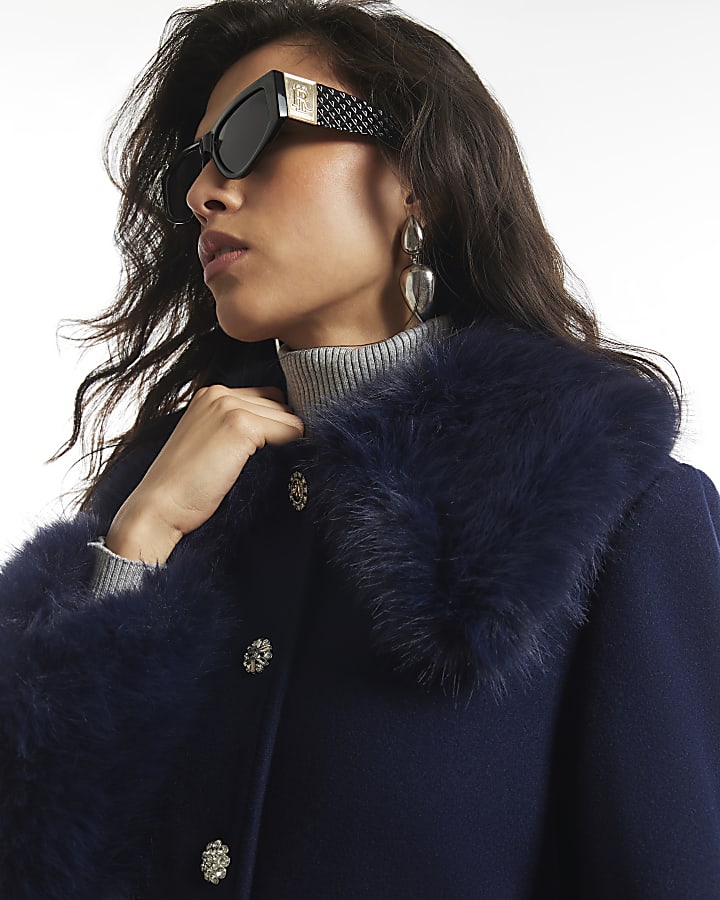 Navy Faux Fur Trim Coat