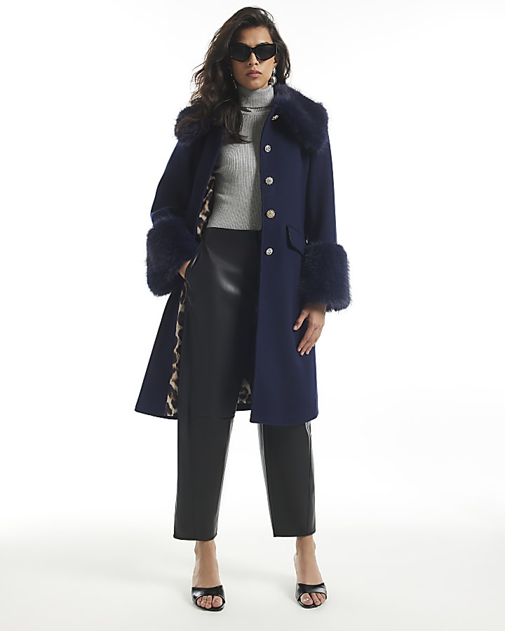 Navy Faux Fur Trim Coat
