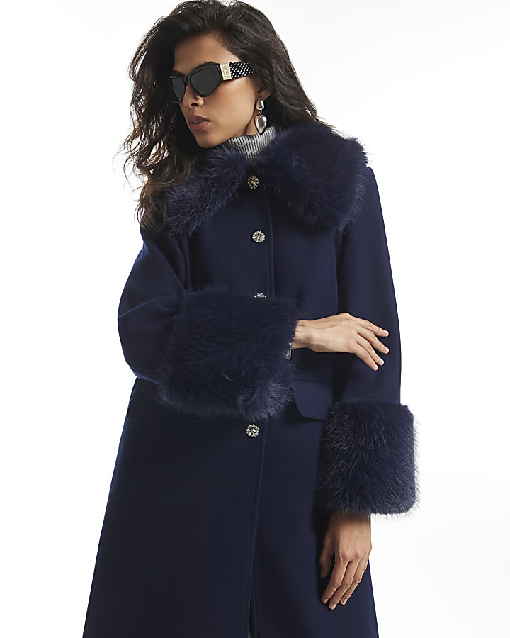 Navy Faux Fur Trim Coat