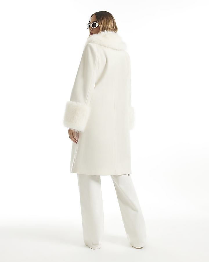 Cream Faux Fur Trim Coat