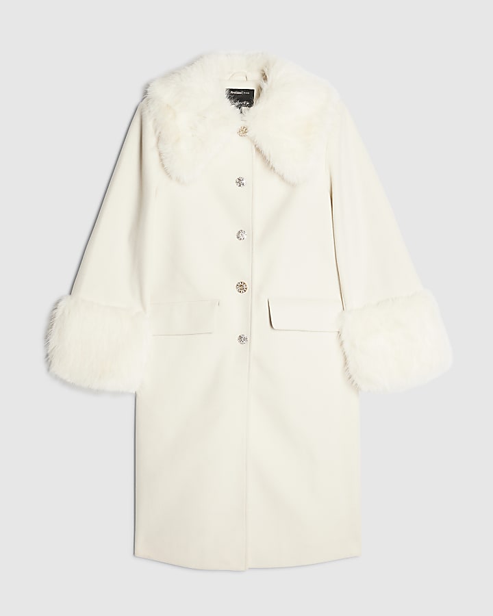 Cream Faux Fur Trim Coat