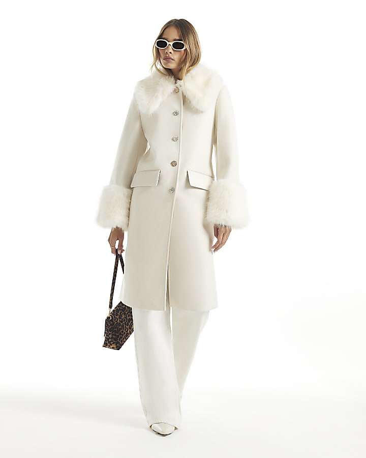 Cream Faux Fur Trim Coat