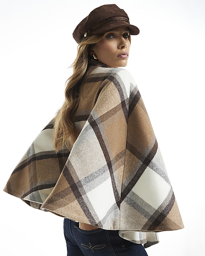 Cream Check Funnel Neck Belted Cape Coat