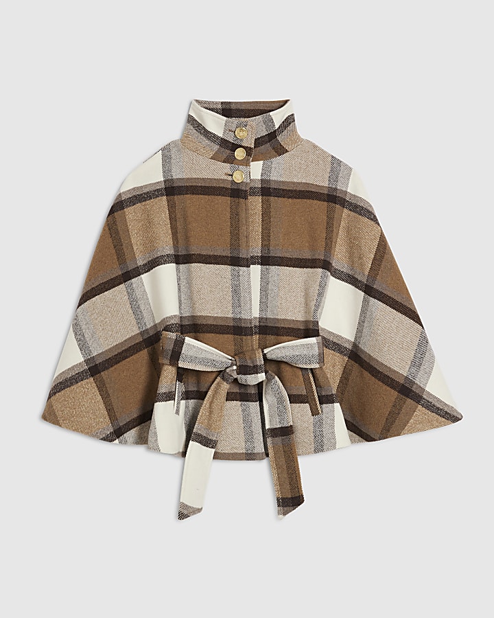 Cream Check Funnel Neck Belted Cape Coat