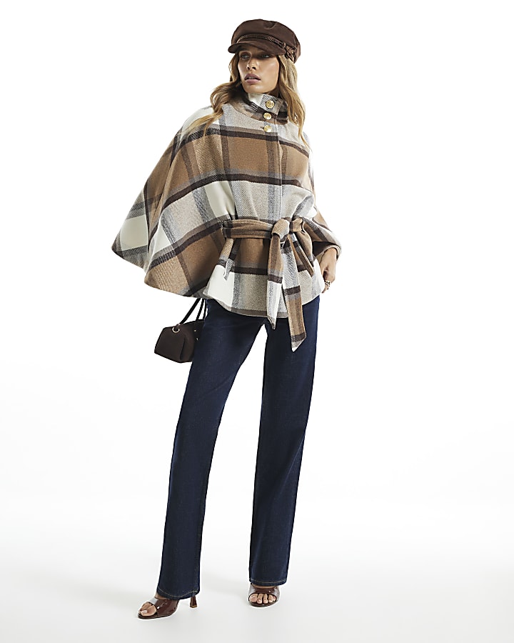 Cream Check Funnel Neck Belted Cape Coat