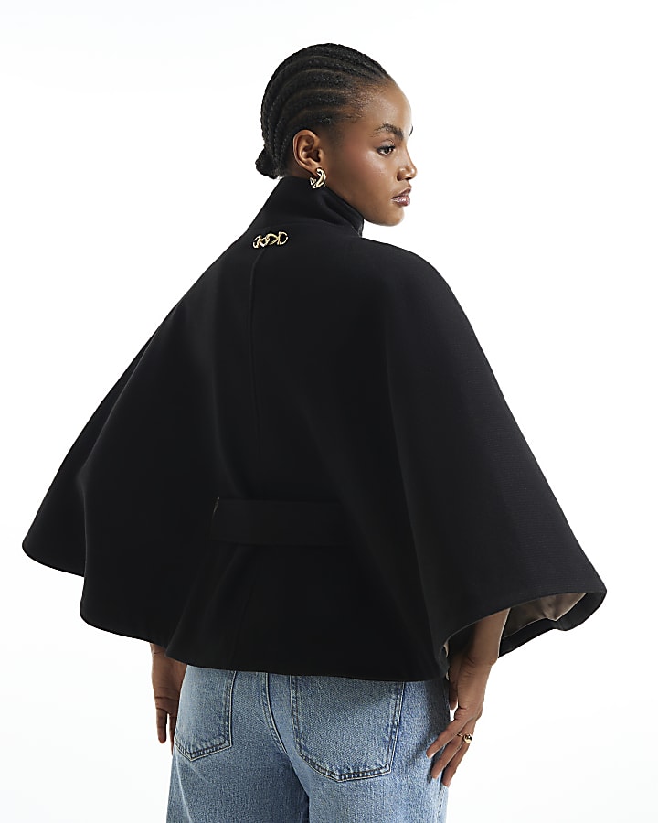 Black Funnel Neck Belted Cape Coat