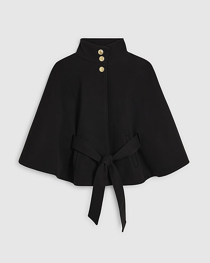 Black Funnel Neck Belted Cape Coat