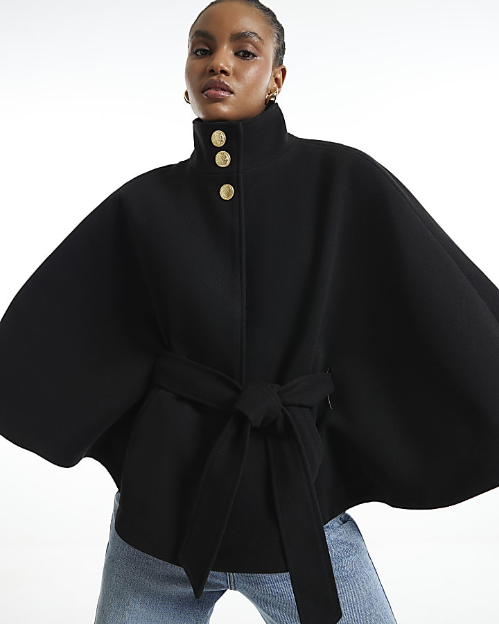 Black Funnel Neck Belted Cape Coat