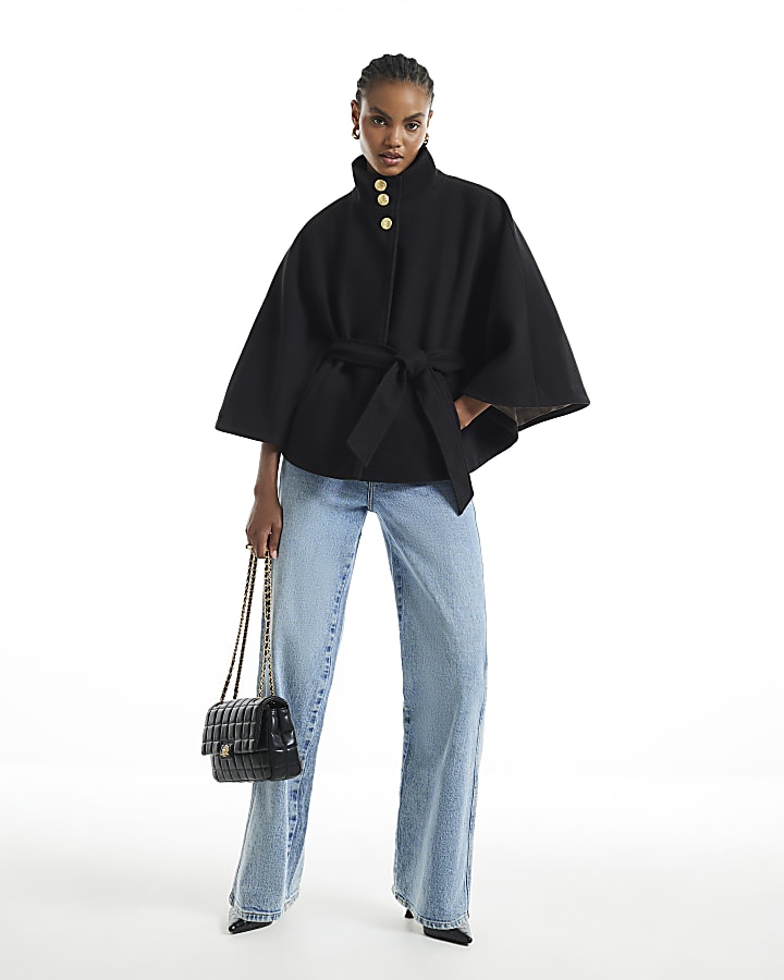 Black Funnel Neck Belted Cape Coat