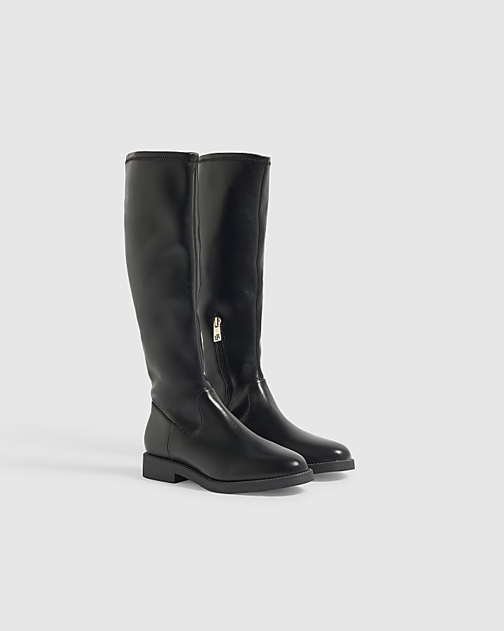 Black Faux Leather Knee High Boots