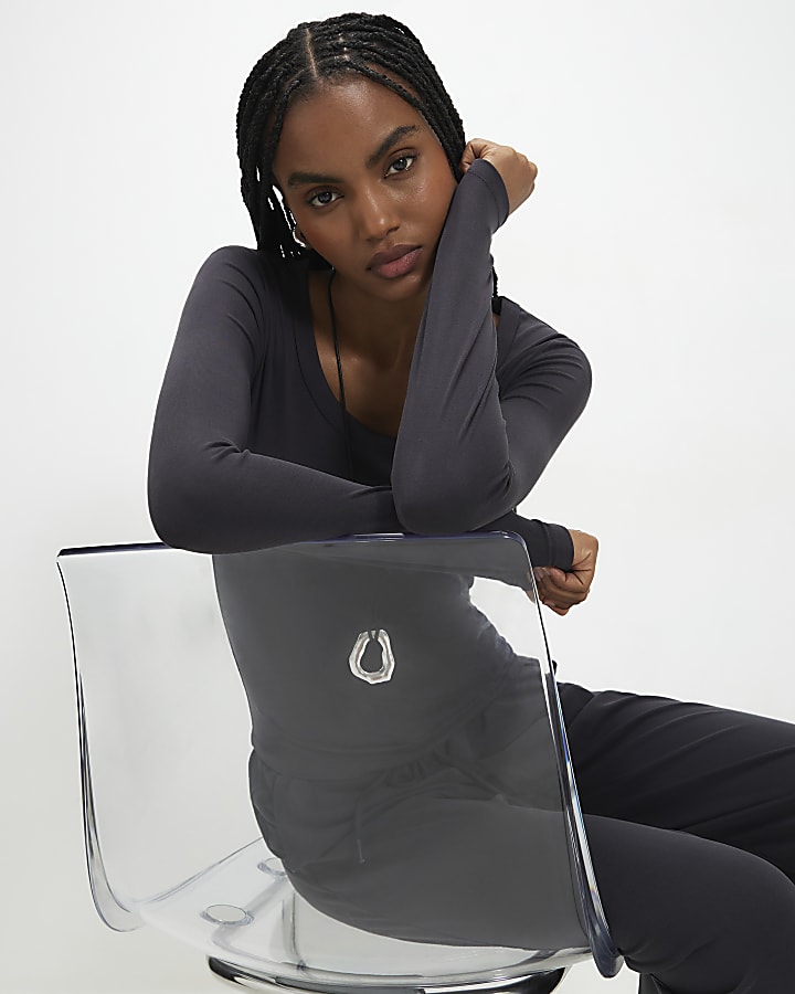 Grey Soft Touch Scoop Neck Long Sleeve Top