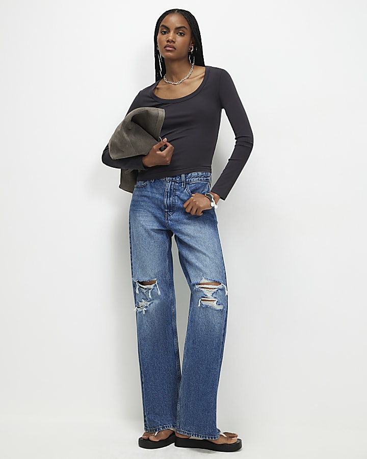 Grey Soft Touch Scoop Neck Long Sleeve Top
