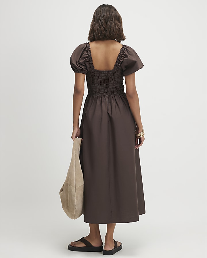 Brown Cotton Shirred Midi dress