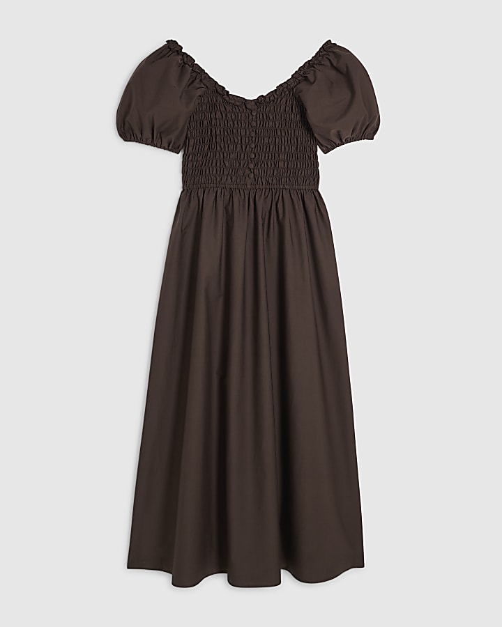 Brown Cotton Shirred Midi dress