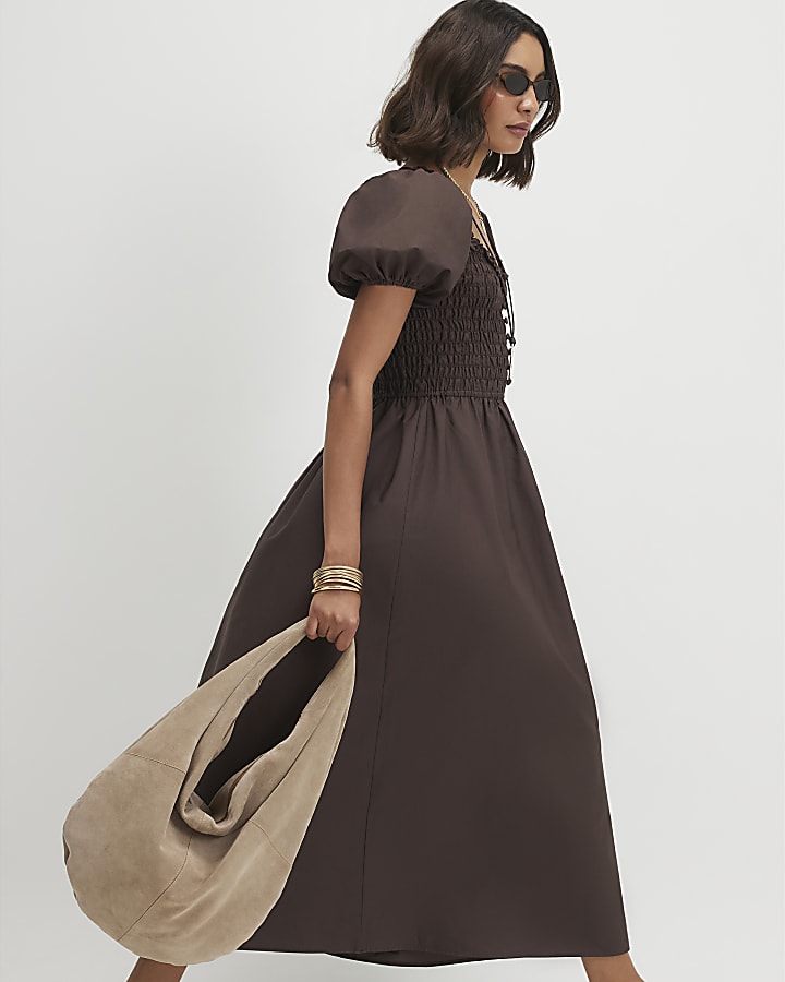Brown Cotton Shirred Midi dress