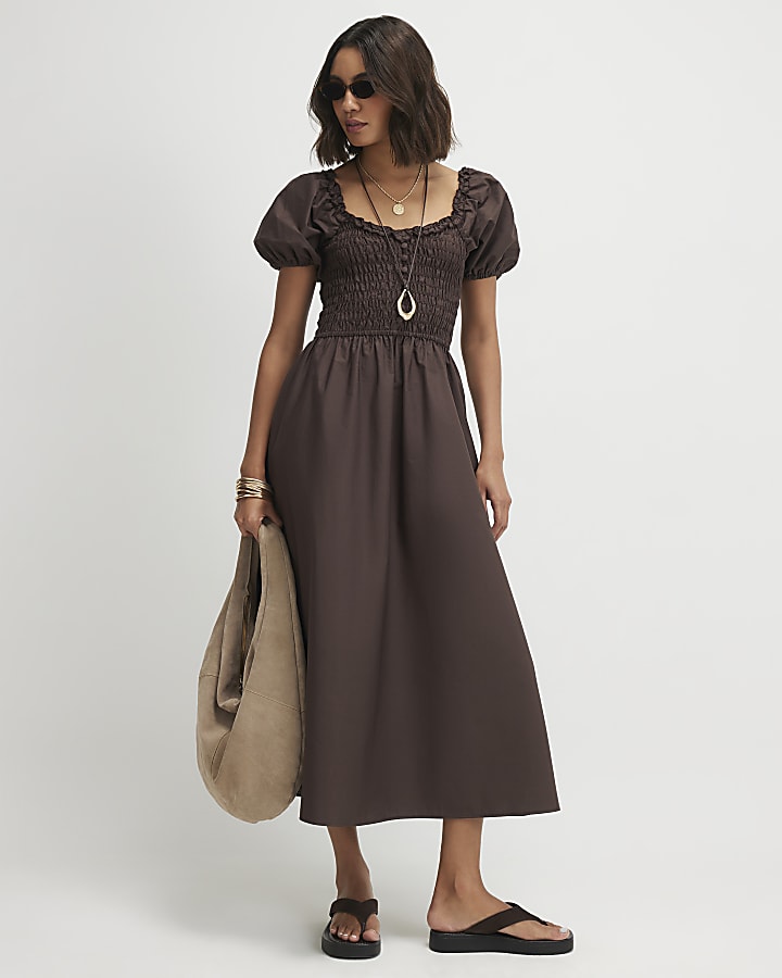 Brown Cotton Shirred Midi dress