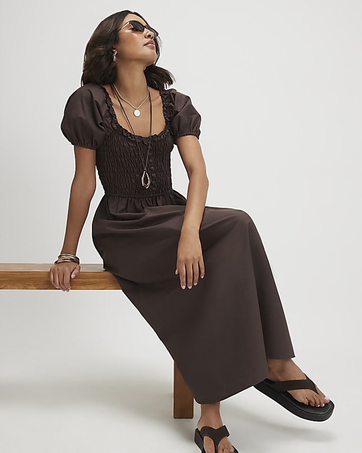 Brown Cotton Shirred Midi dress