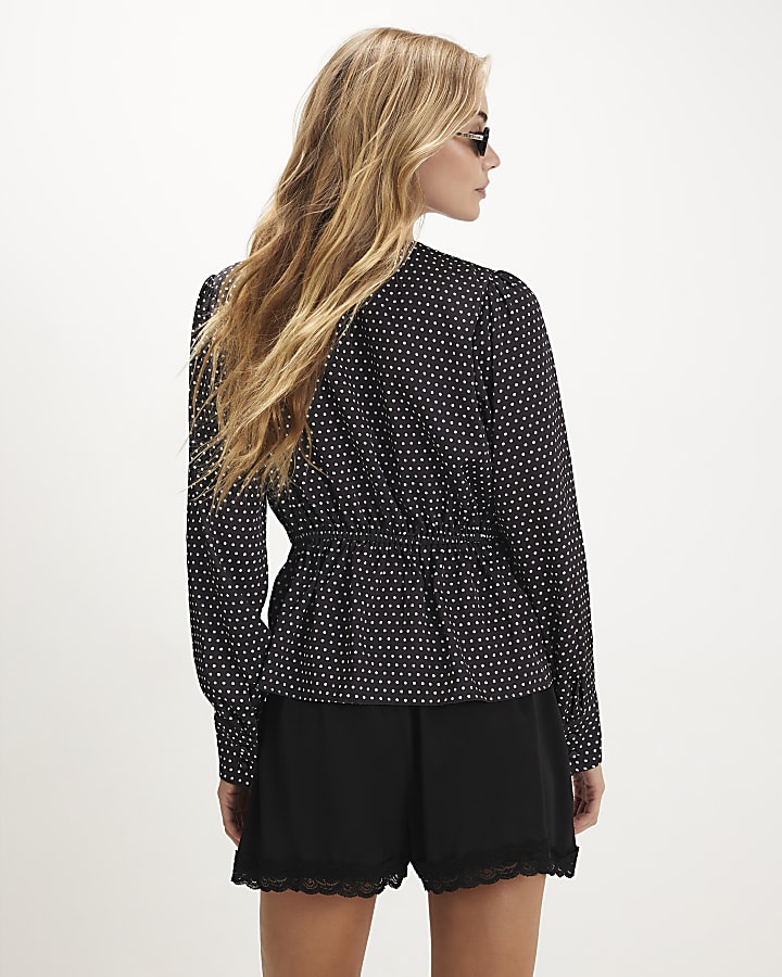 Black Spot Knot Front Long Sleeve Top