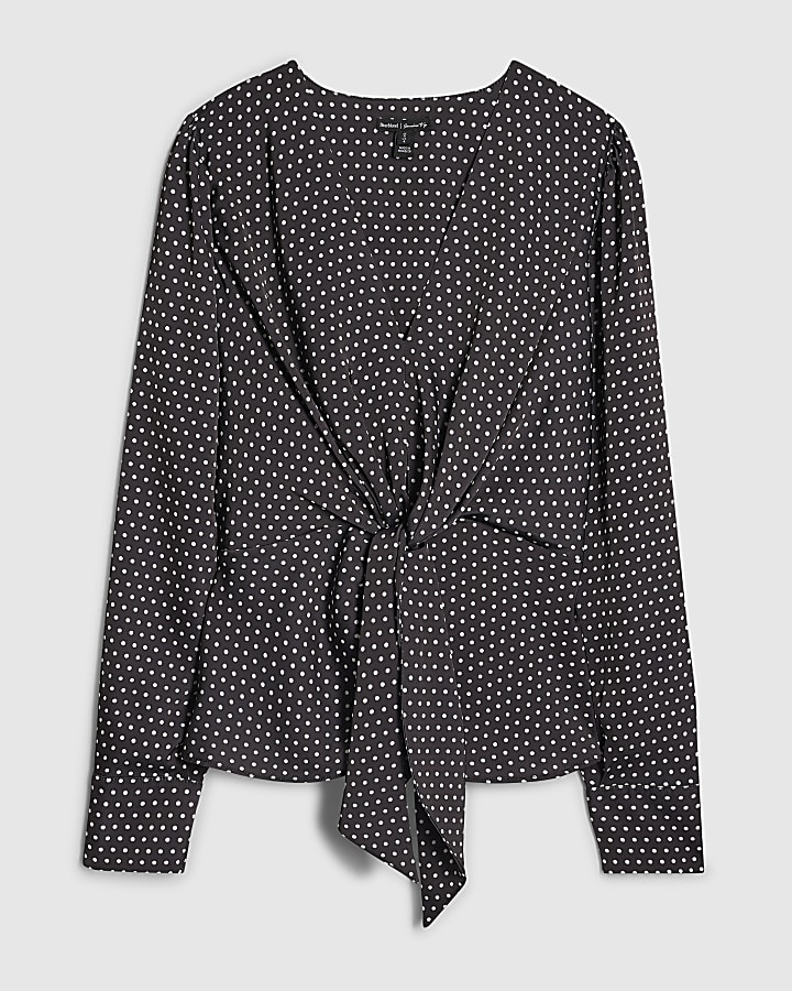 Black Spot Knot Front Long Sleeve Top