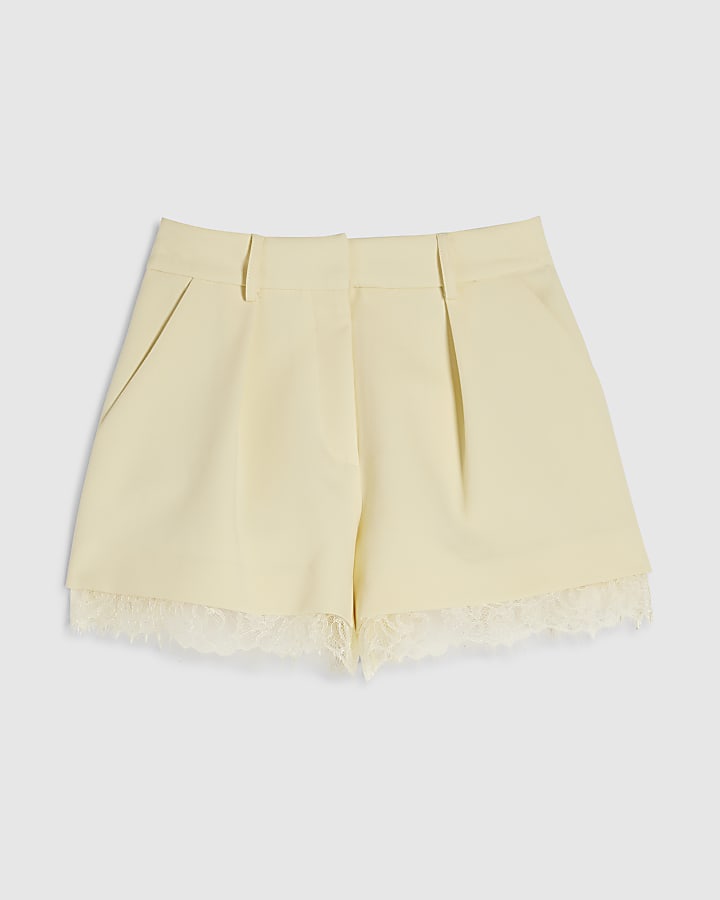 Yellow Lace Trim Tailored Shorts
