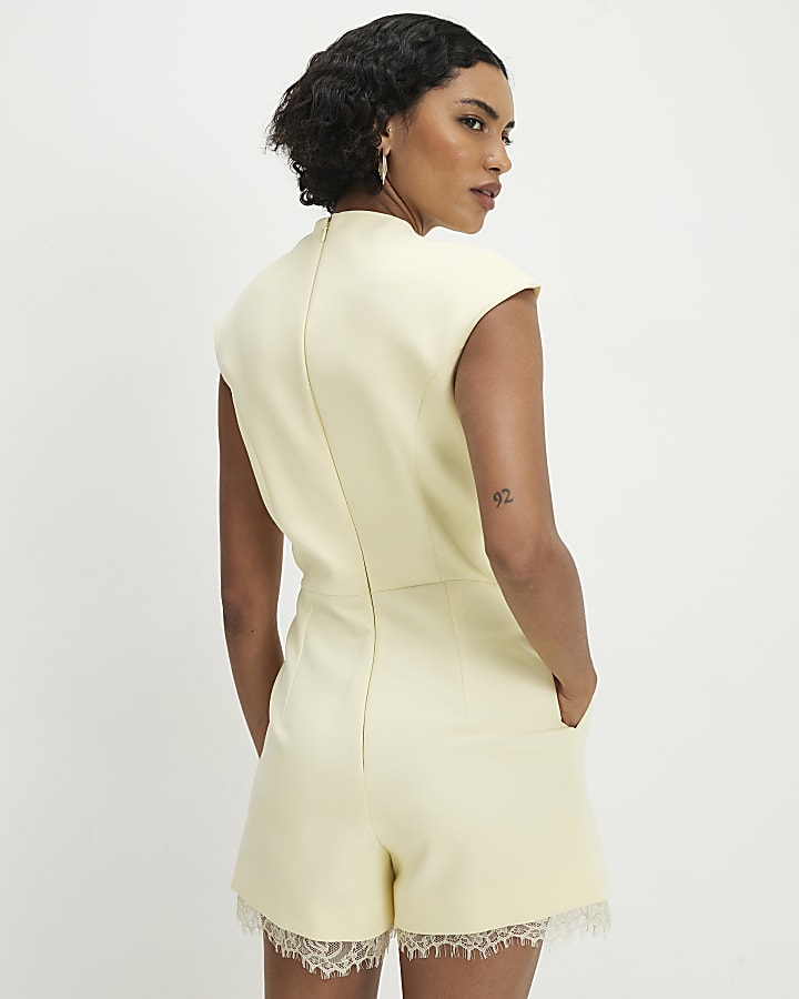 Yellow Short Sleeve Lace Trim Playsuit