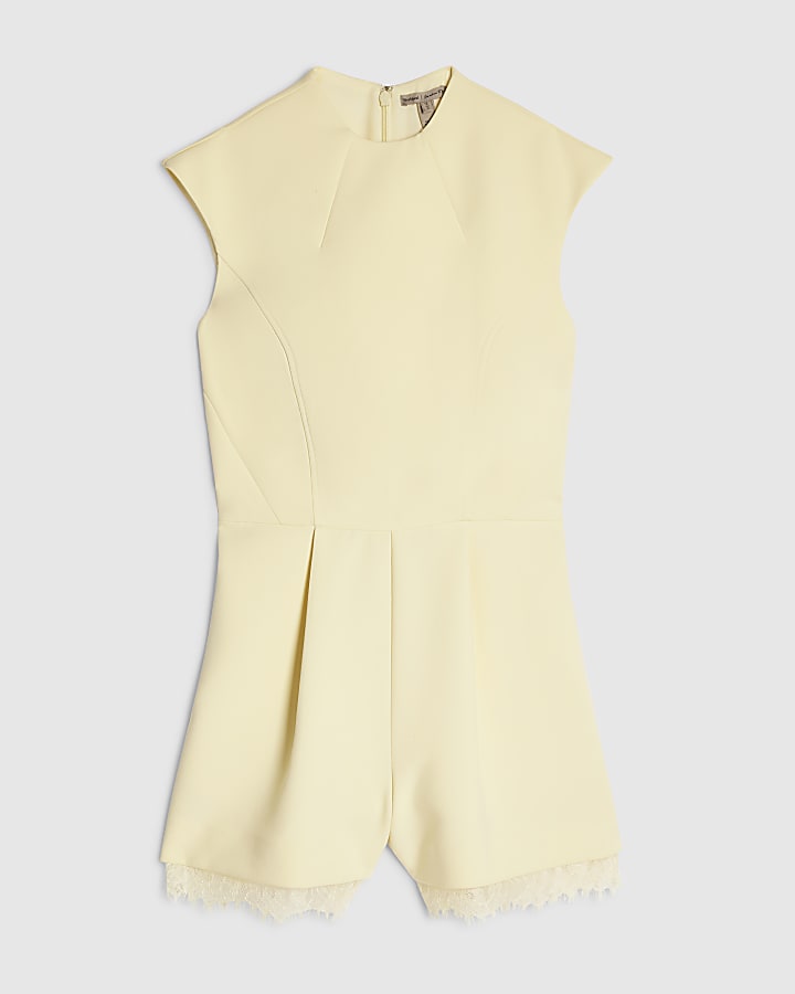Yellow Short Sleeve Lace Trim Playsuit