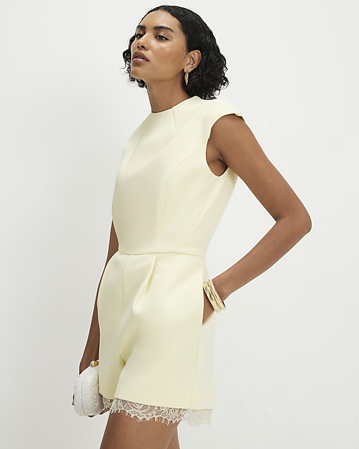 Yellow Short Sleeve Lace Trim Playsuit