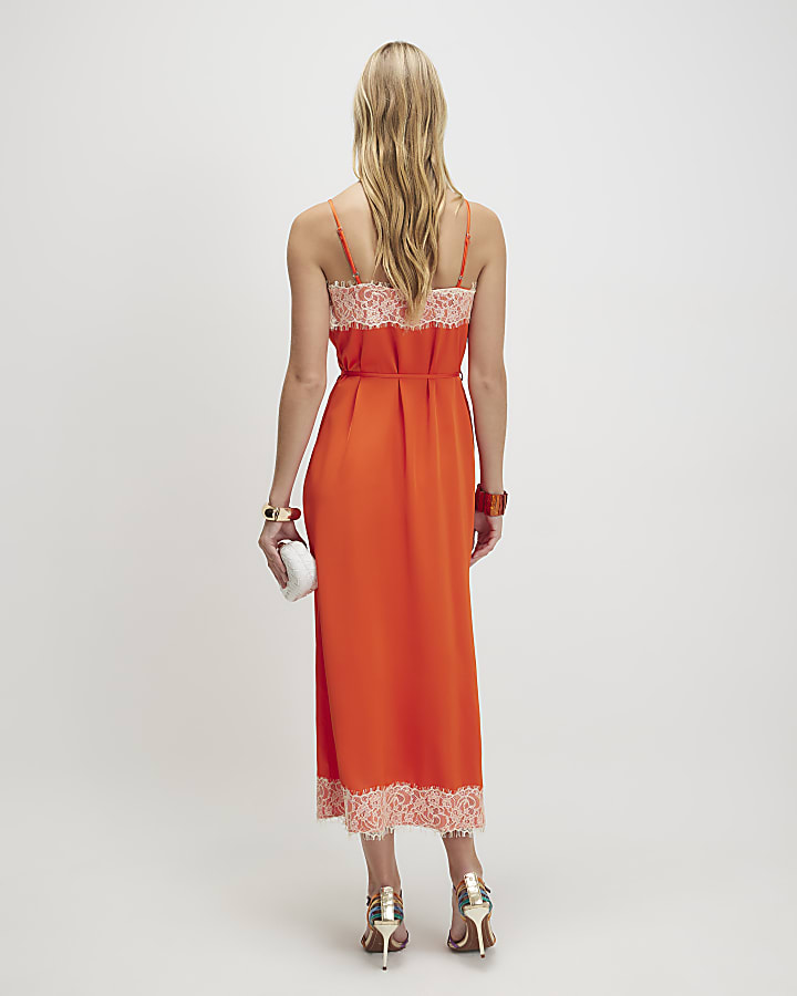 Orange Lace Trim Slip Midi Dress