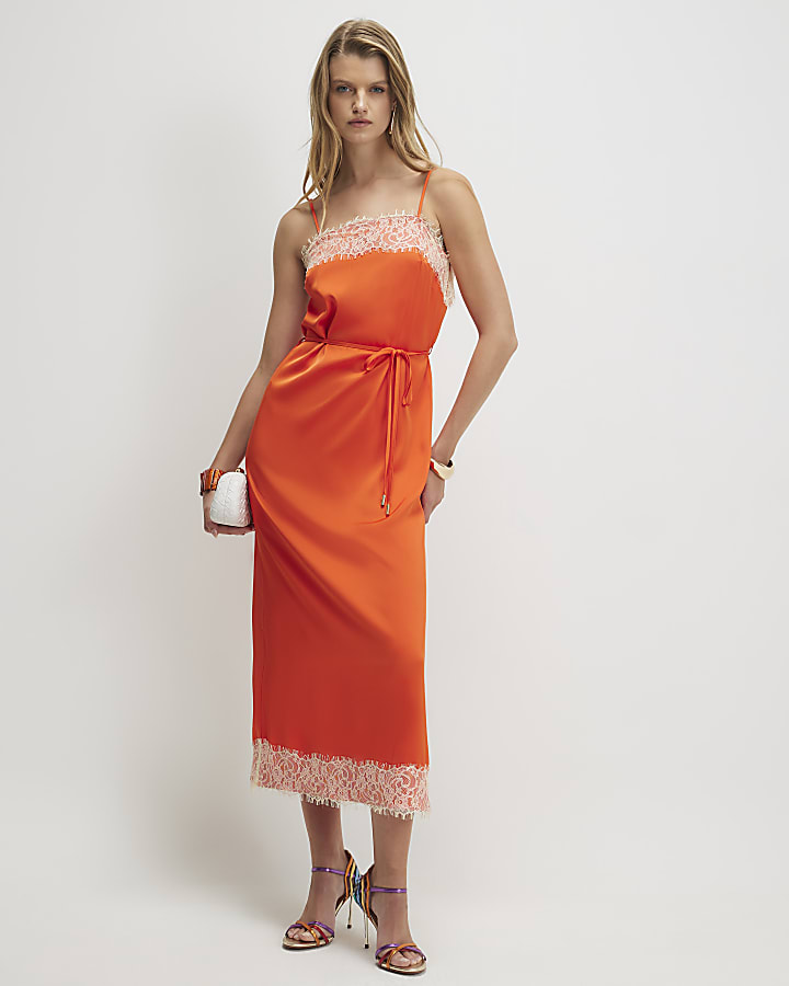 Orange Lace Trim Slip Midi Dress