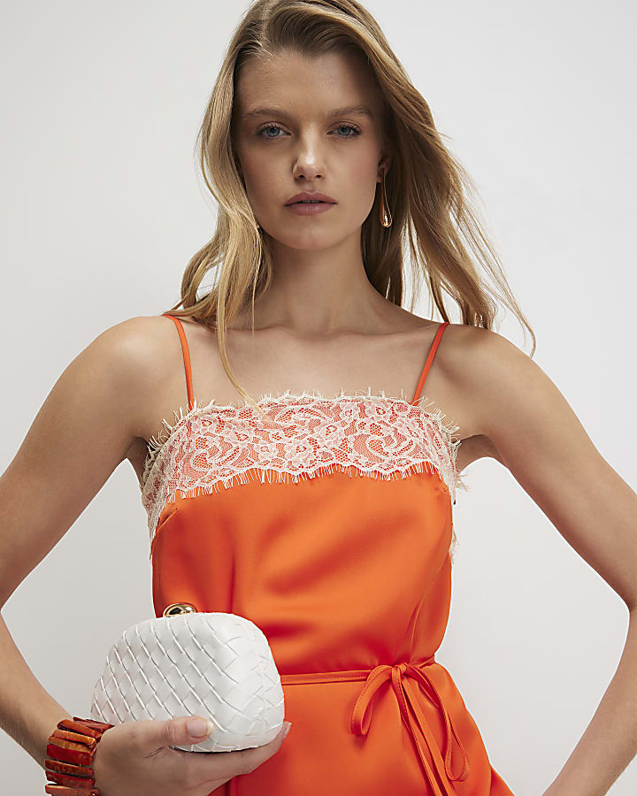 Orange Lace Trim Slip Midi Dress