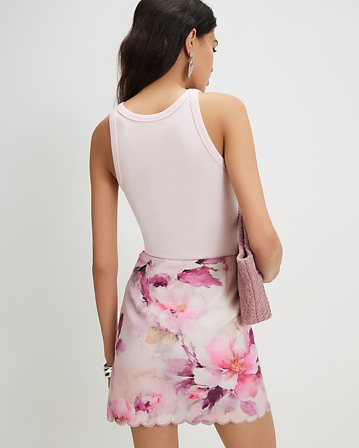 Pink Cotton Blend Floral Scallop Mini Skirt