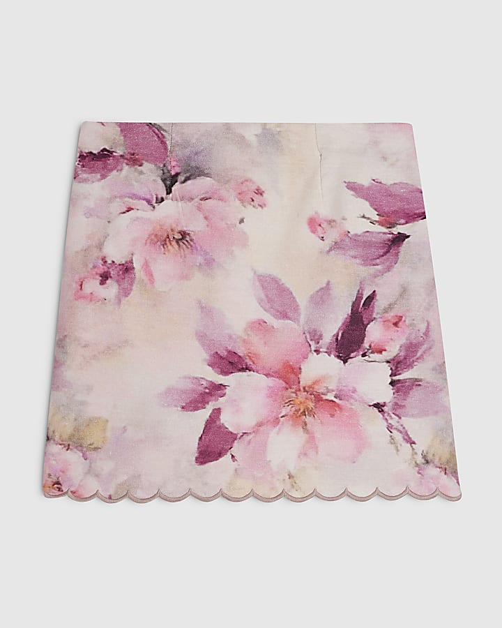 Pink Cotton Blend Floral Scallop Mini Skirt