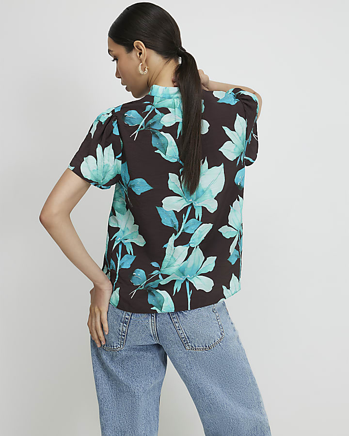 Brown Floral Short Sleeve Blouse