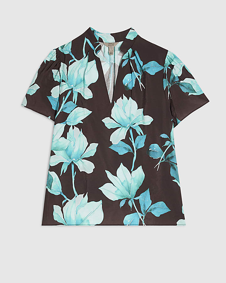 Brown Floral Short Sleeve Blouse