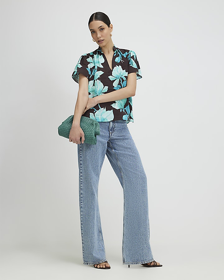 Brown Floral Short Sleeve Blouse