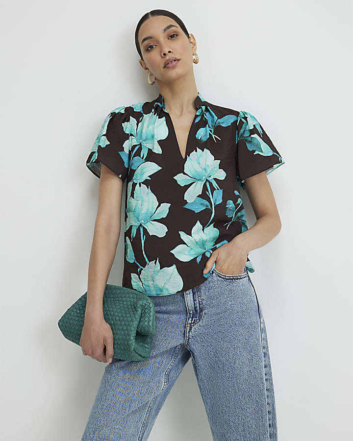 Brown Floral Short Sleeve Blouse