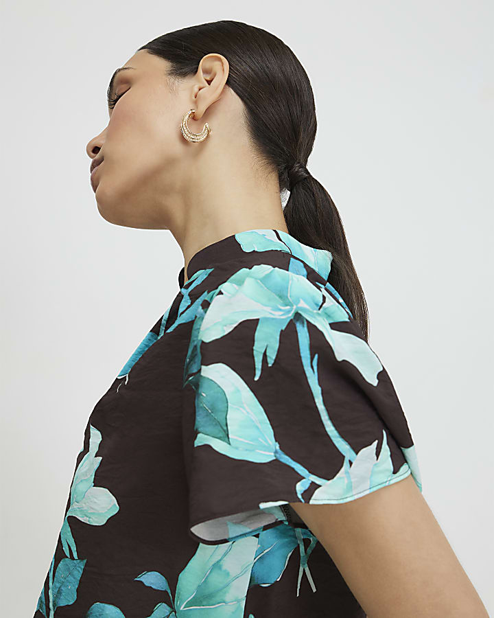 Brown Floral Short Sleeve Blouse