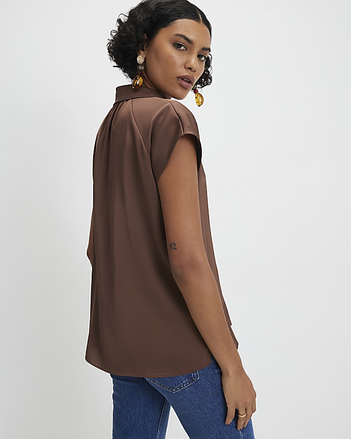 Brown Satin Sleeveless Shirt
