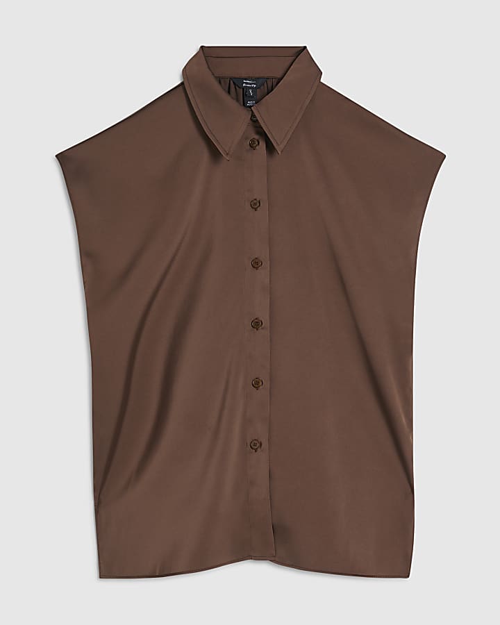 Brown Satin Sleeveless Shirt