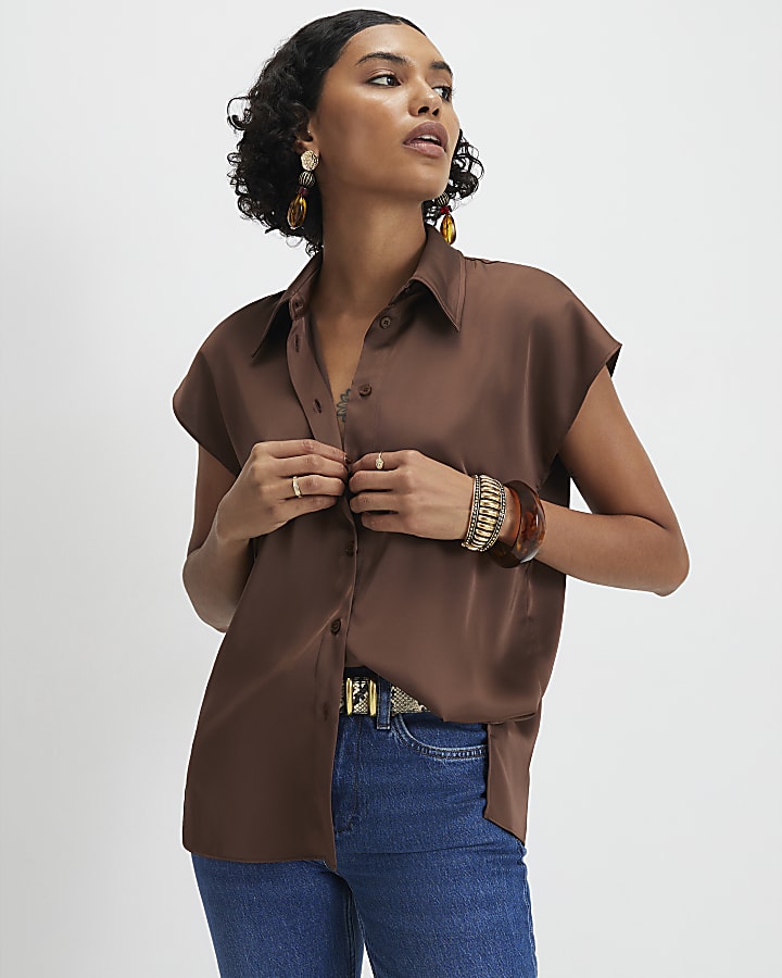 Brown Satin Sleeveless Shirt