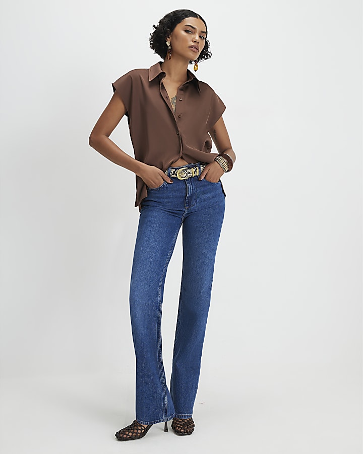 Brown Satin Sleeveless Shirt