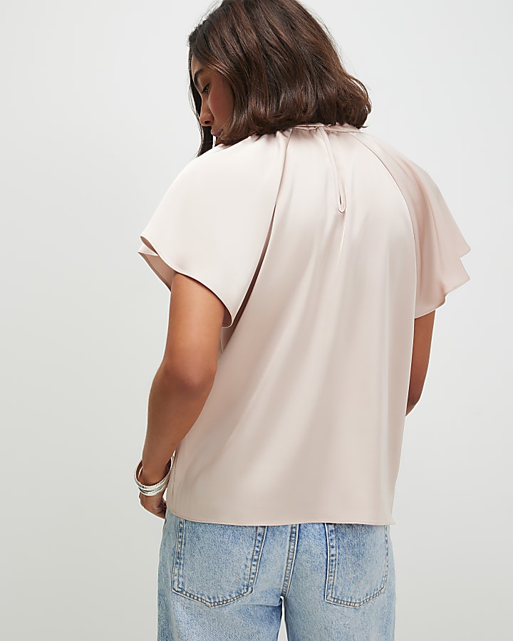 Cream Satin Angel Sleeve Twist Front Top