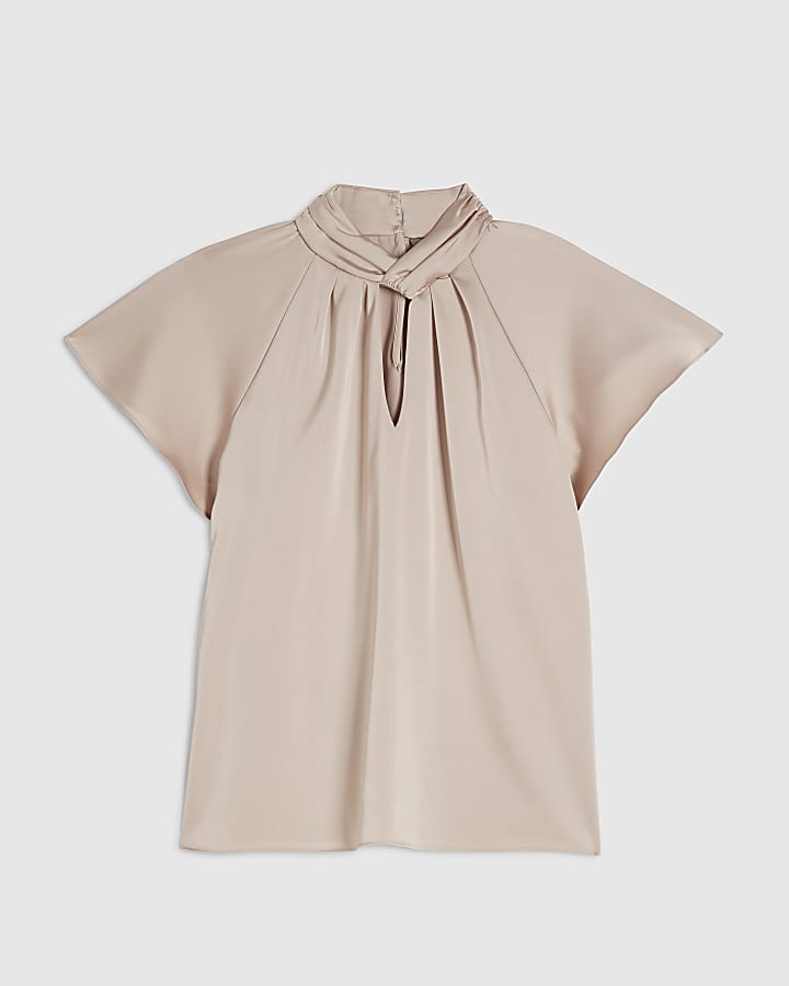 Cream Satin Angel Sleeve Twist Front Top