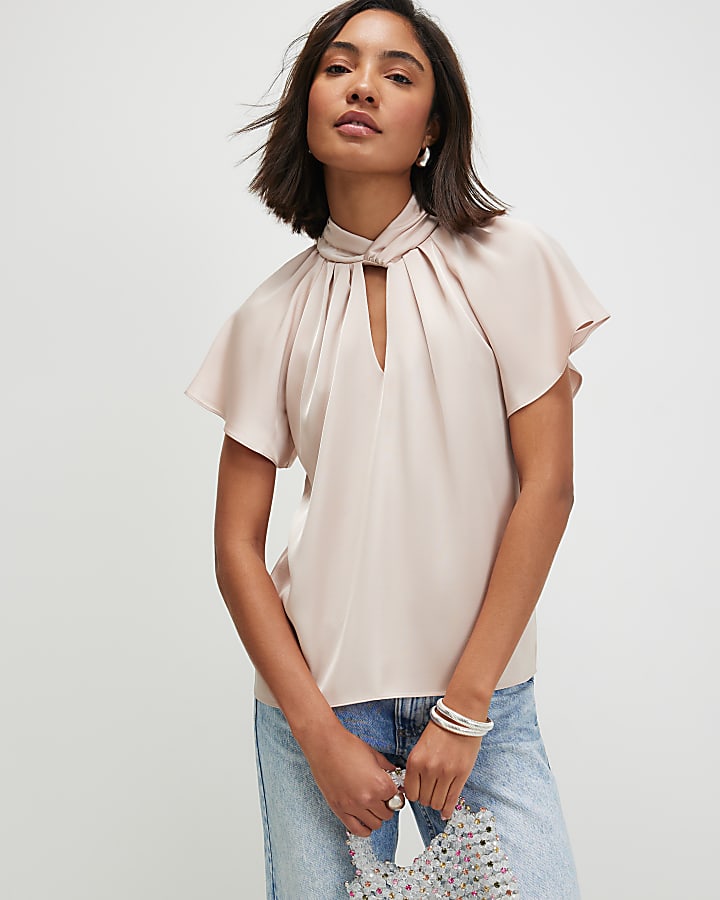Cream Satin Angel Sleeve Twist Front Top
