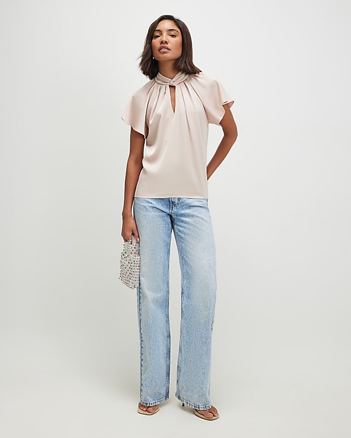 Cream Satin Angel Sleeve Twist Front Top