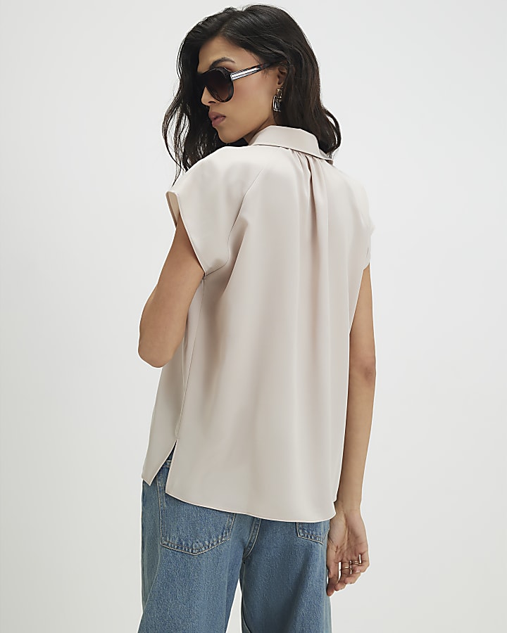 Beige Satin Short Sleeve Shirt
