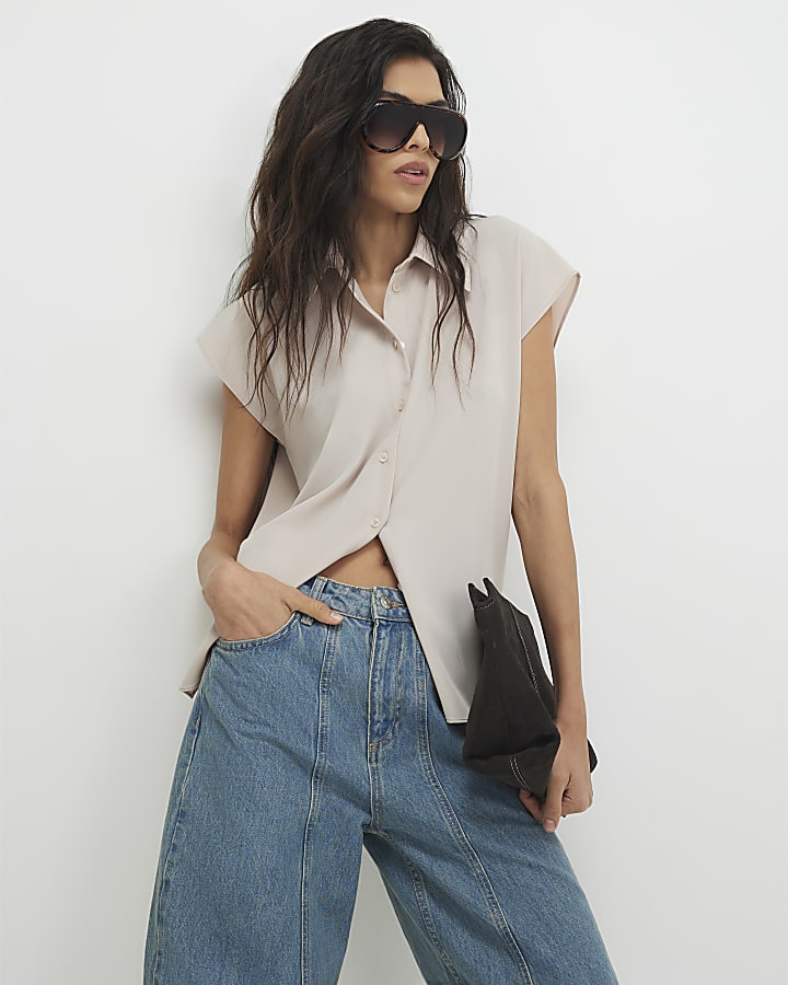 Beige Satin Short Sleeve Shirt