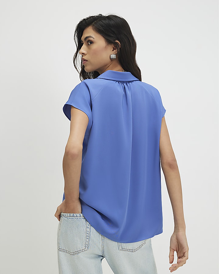 Blue Satin Short Sleeve Shirt