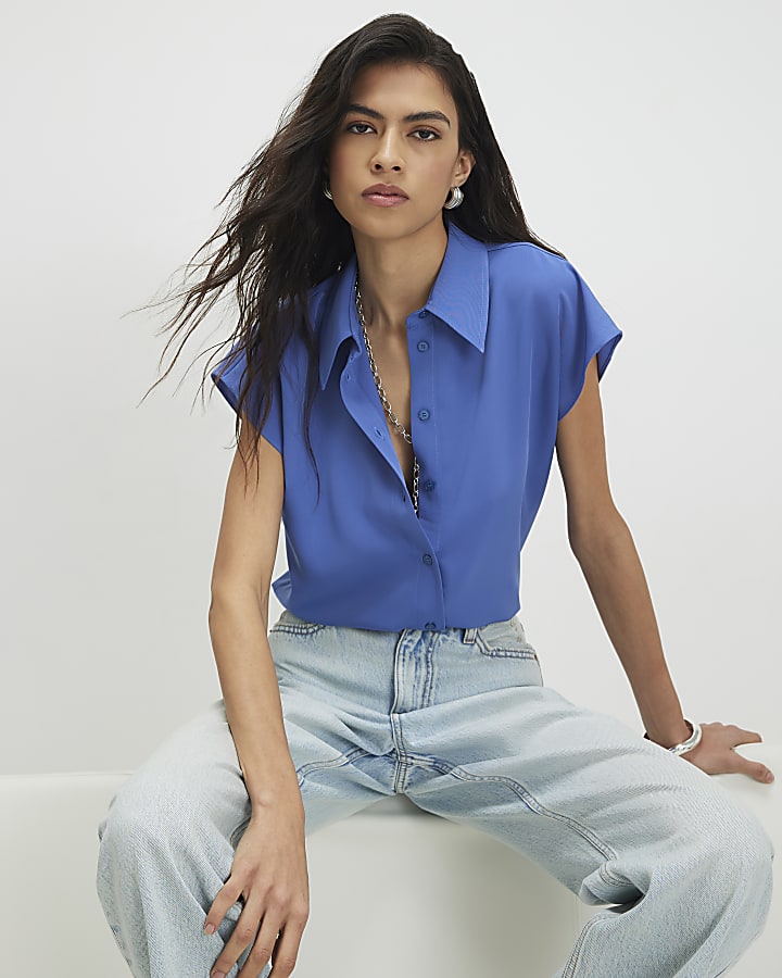 Blue Satin Short Sleeve Shirt